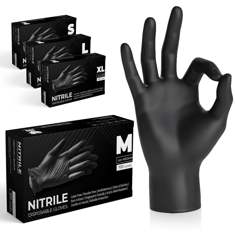 The Real Touch Black Nitrile Multi-Purpose Disposable Gloves, Powder Free, Disposable, Extra Strong - Box of 1000 (Black, Med)