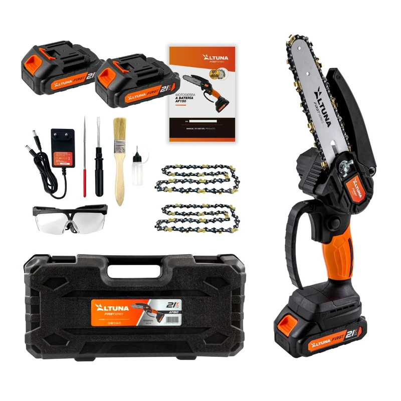 Altuna - 21V Battery Chainsaw with Titanium Chain - 800W Power - Cutting Capacity 150mm - Includes 2 Lithium Batteries - Lightweight and Compact - Case and Accessories Included - AF 150