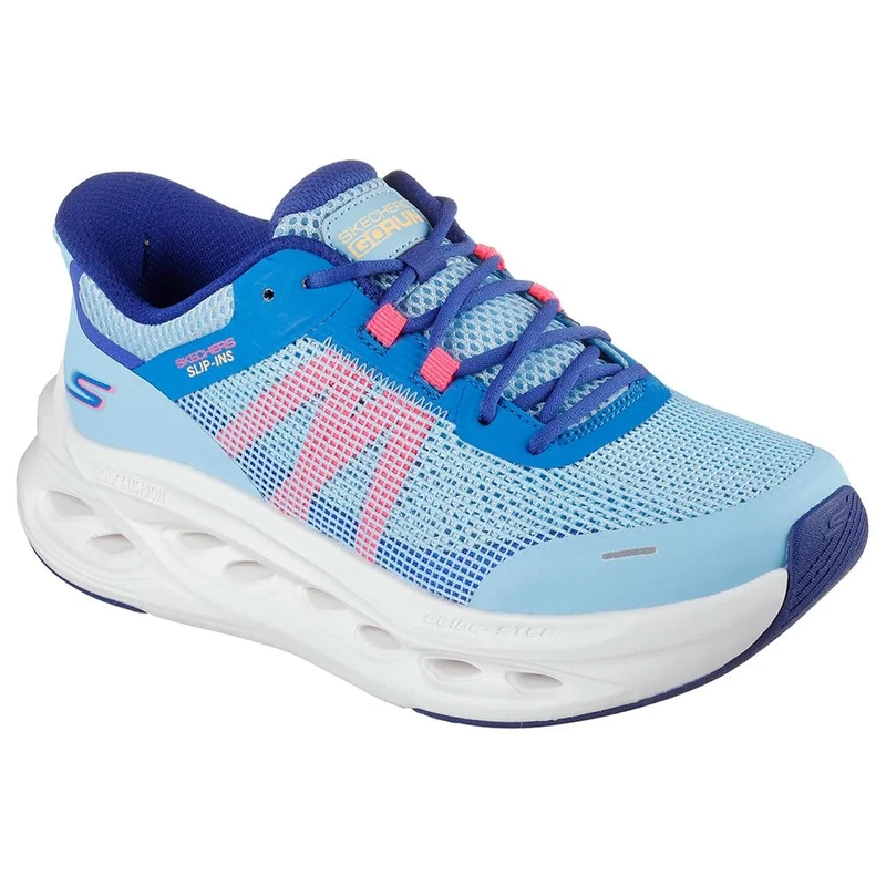 Skechers Women's Max Cushioning Glide-Step Aberdeen Slip-On Sneakers, Lt. Blue Synthetic/Coral Trim, 4.5 UK