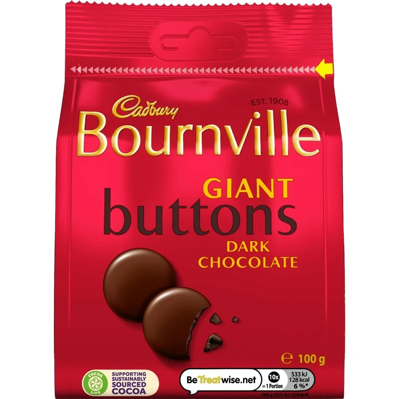 Cadbury Bournville Dark Chocolate Giant Buttons, Sharing Bag, Bite Size Treats, 100 g (Pack of 1)