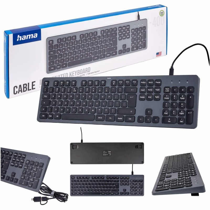 Hama CK-400 Wired Keyboard Black and Grey (Polish QWERTY chip, USB backlit keyboard, AI button, ergonomic, quiet, detachable cable, multimedia keys) - Image 1