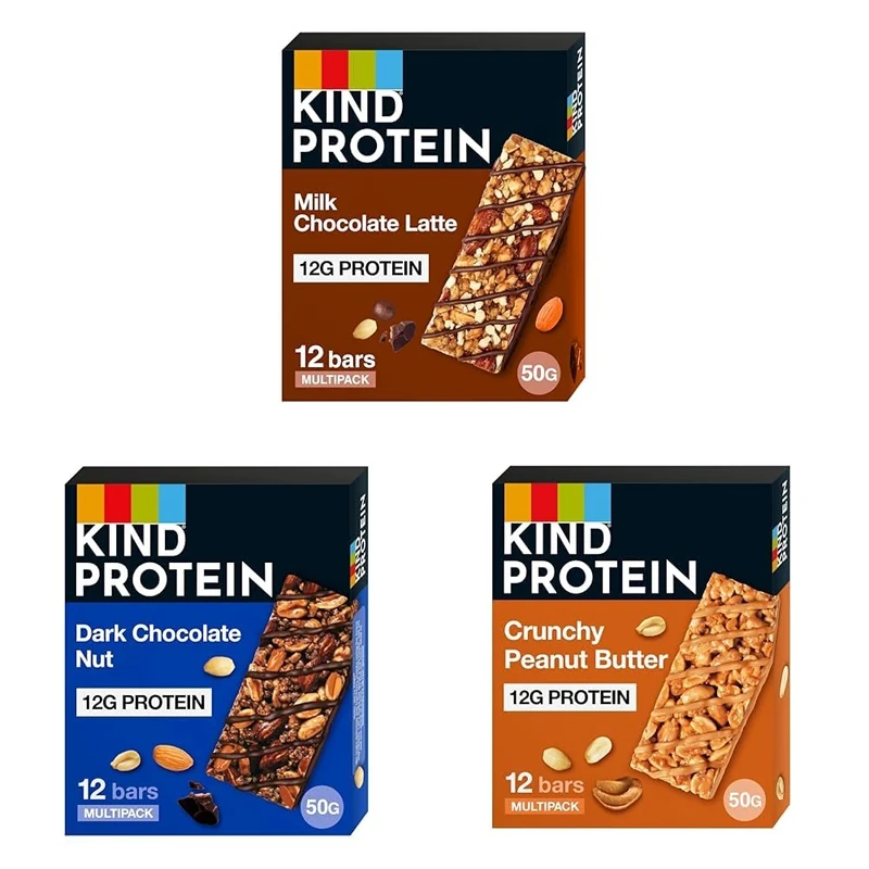 KIND Protein Bars Variety Bundle, Milk Chocolate Latte Multipack 12 x 50g + Dark Chocolate Nut Multipack 12 x 50g + Crunchy Peanut Butter Multipack 12 x 50g. Healthy Snack Bars, Gluten Free