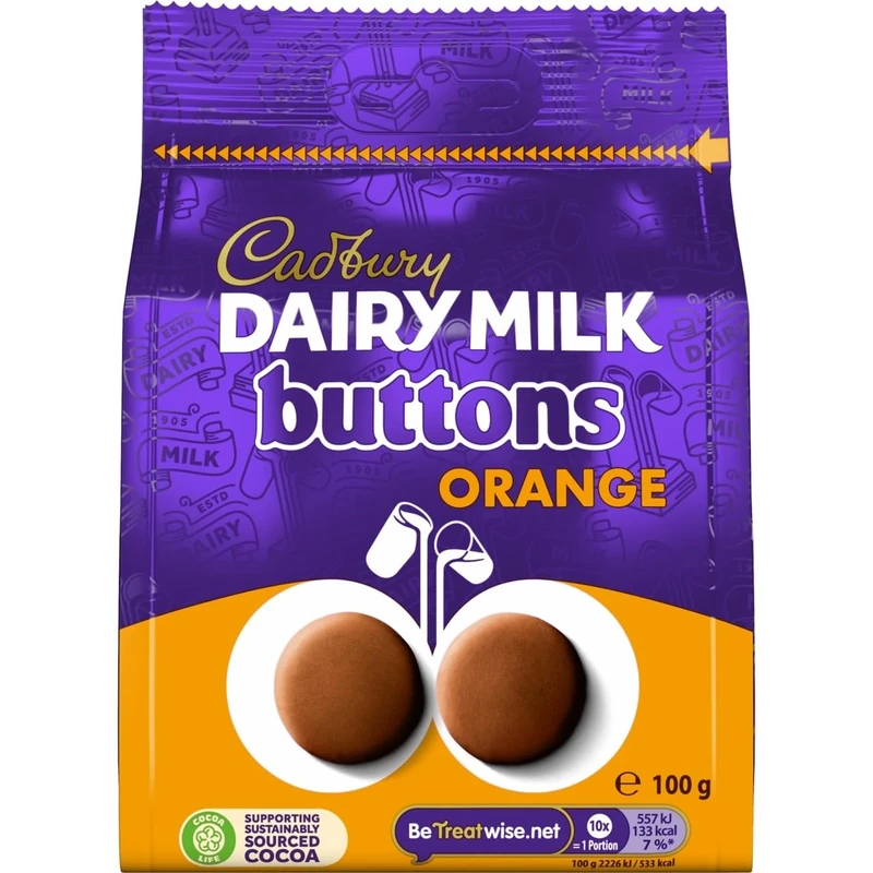 Cadbury Dairy Milk Chocolate Orange Flavour Giant Buttons, Sharing Bag, Bite Size Treats, 100 g Bag (Pack of 1)