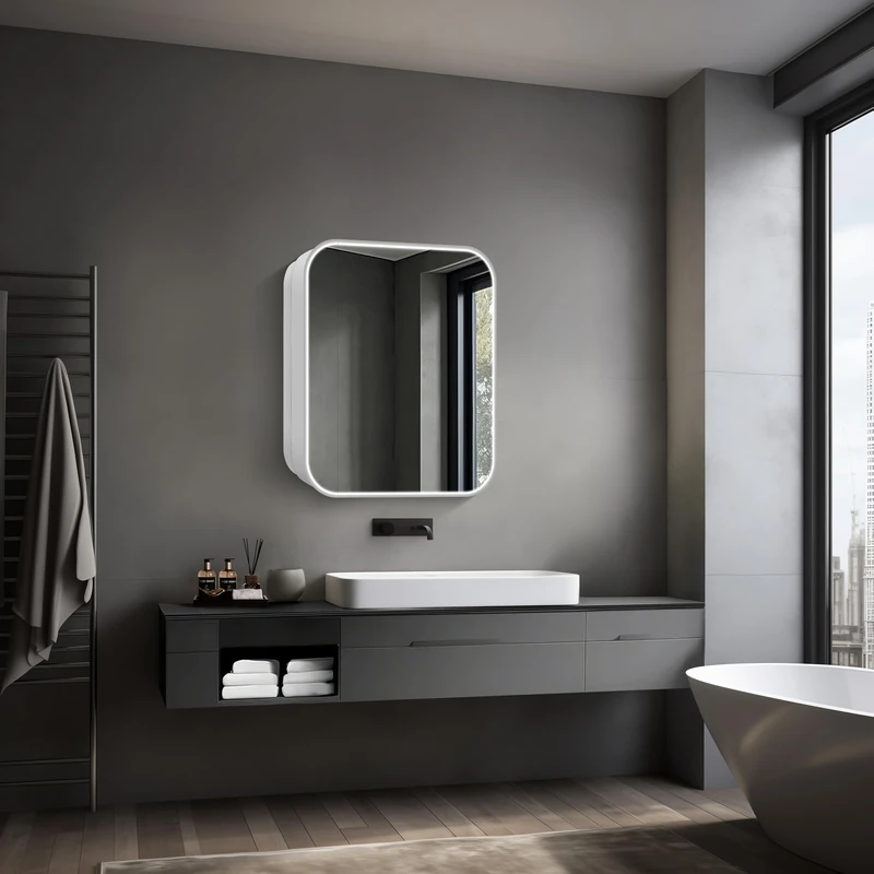 Talos Silver Nova Illuminated Bathroom Cabinet 60 x 70 cm - Bathroom Cabinet with Mirror and 2 Shelves - Aluminium - Mirror Base