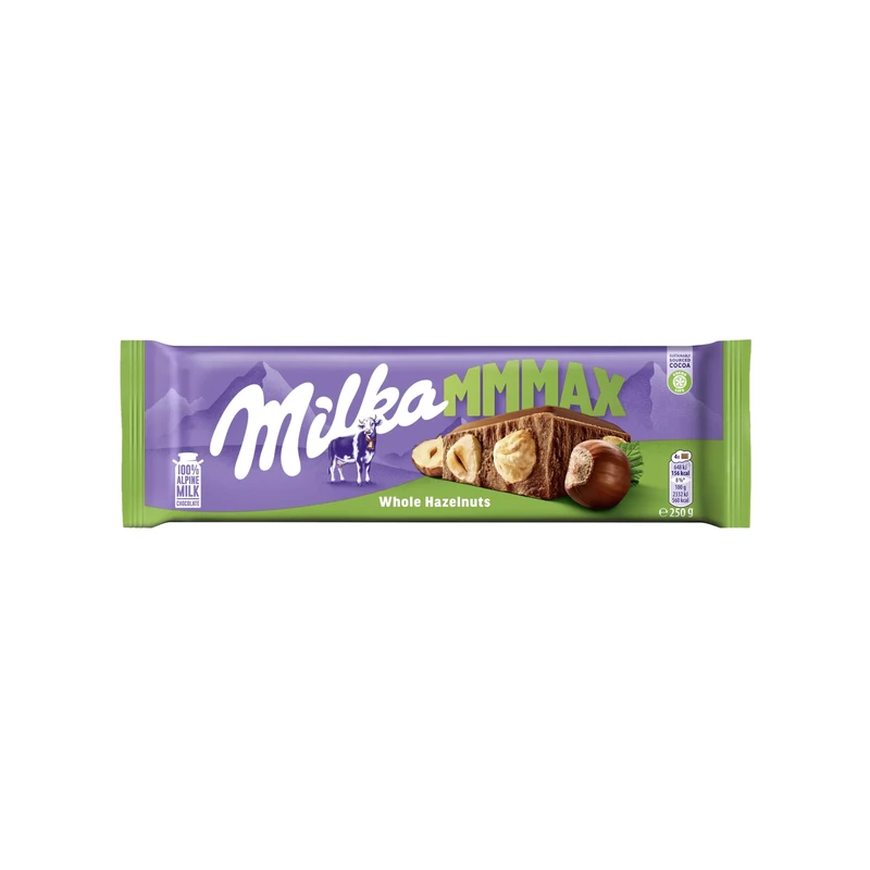 Milka Mmmax Alpine Milk Chocolate Bar with Whole Hazelnuts, Large Creamy Chocolate Packed with Crunchy Nuts 250 g Bar (Pack of 1)