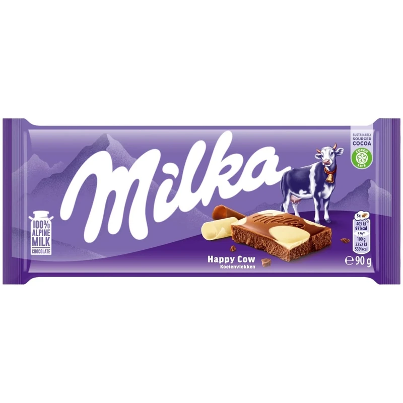 Milka Happy Cows Alpine Milk and White Chocolate Bar, Smooth Chocolate Harmony with Cow Spot Design, 90 g (Pack of 1)