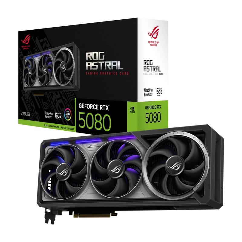 ASUS ROG Astral GeForce RTX™ 5080 Gaming Graphics Card (PCIe® 5.0, 16GB GDDR7, HDMI® 2.1, DisplayPort™ 2.1, 4-fan design, Axial-tech fans, patented vapor chamber)
