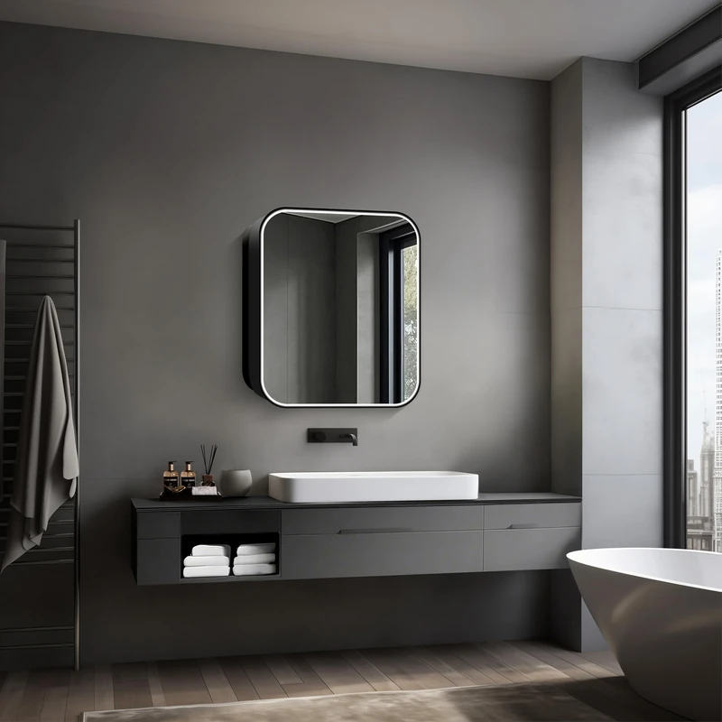 Talos Black Nova Illuminated Bathroom Cabinet 60 x 70 cm - Bathroom Cabinet with Mirror and 2 Shelves - Aluminium - Mirror Base