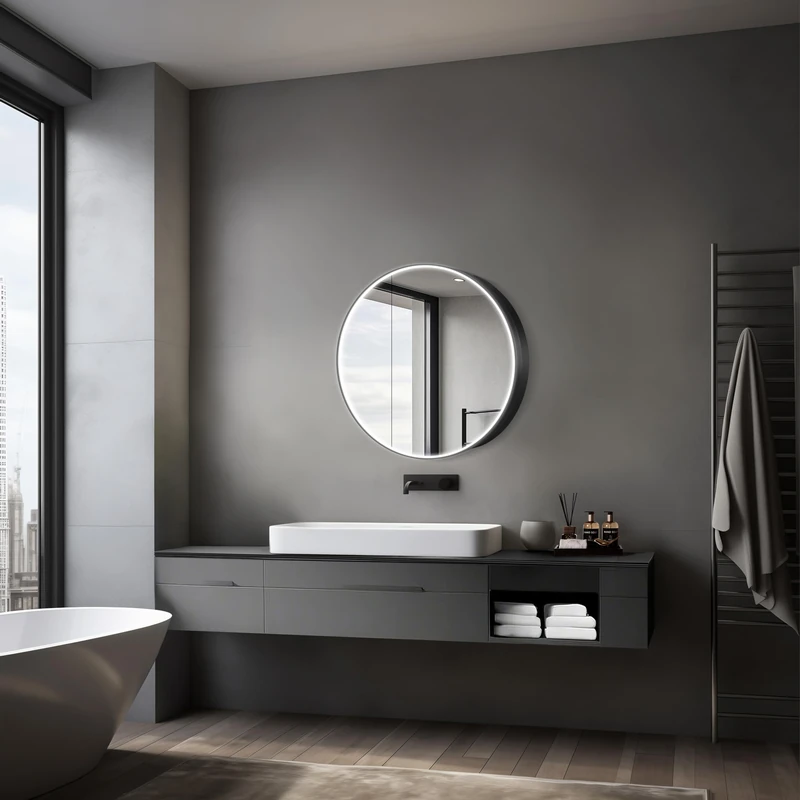 Talos Black Nova Illuminated Bathroom Cabinet with Mirror and 2 Shelves Diameter 60 cm Black Aluminium Mirror Base