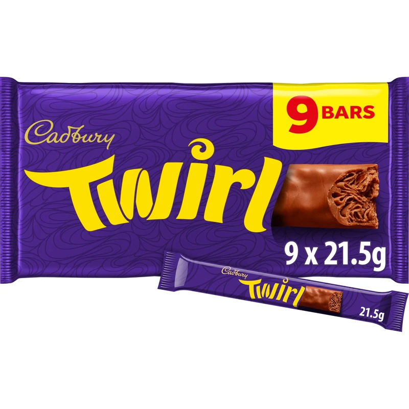 Cadbury Twirl Milk Chocolate Bar, The Classic Creamy Taste, Multipack of Single Bars 21.5 g (Pack of 9)