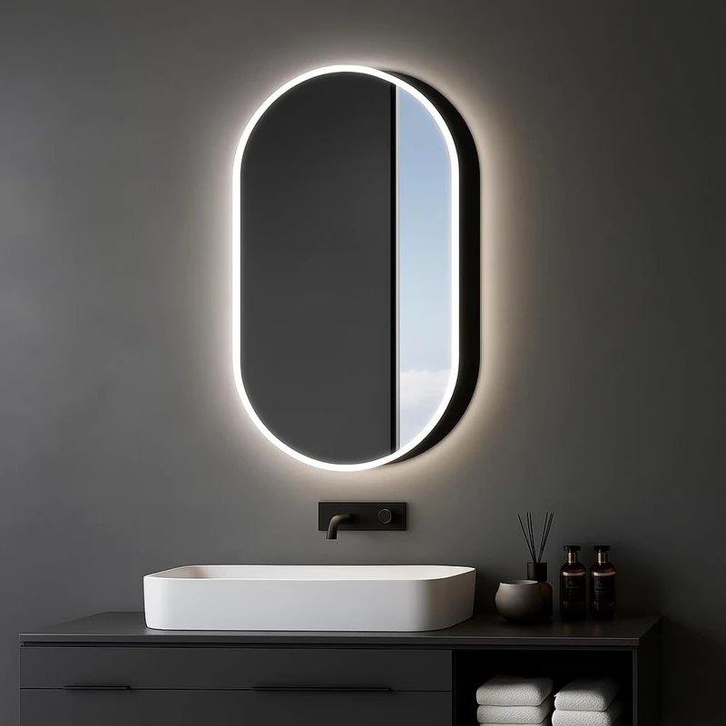 Talos Oval Vento Illuminated Bathroom Cabinet 45 x 80 cm Black – Bathroom Cabinet with Mirror and 2 Shelves – Aluminium – Mirror Base