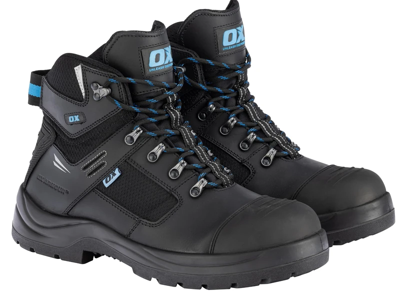 OX Innovation Black Leather Safety Boots - Size 10, Slip & Water Resistance, Breathable Mesh Lining, Fiberglass Toecap for Extra Protection, Non Metallic Anti Penetration Insole
