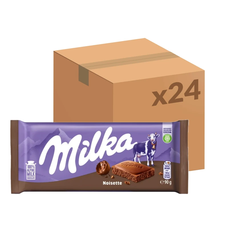 Milka Noisette Hazelnut Alpine Milk Chocolate Bar, Smooth and Creamy Chocolate Made With 100% Alpine Milk, Perfect for Sharing, Bulk Buy, 90 g (Pack of 25)