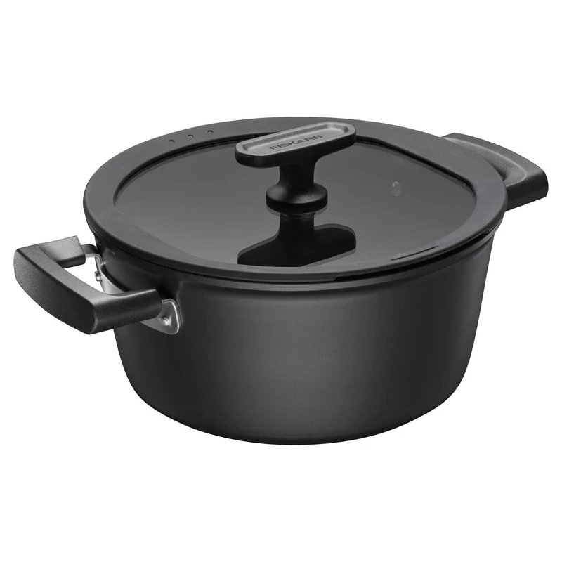 Fiskars saucepan with lid, Hard Face, diameter 22 cm, capacity: 3.5 litres, suitable for all hobs, non-stick coating, scratch-resistant, aluminium/plastic, 1075526, black - Image 1