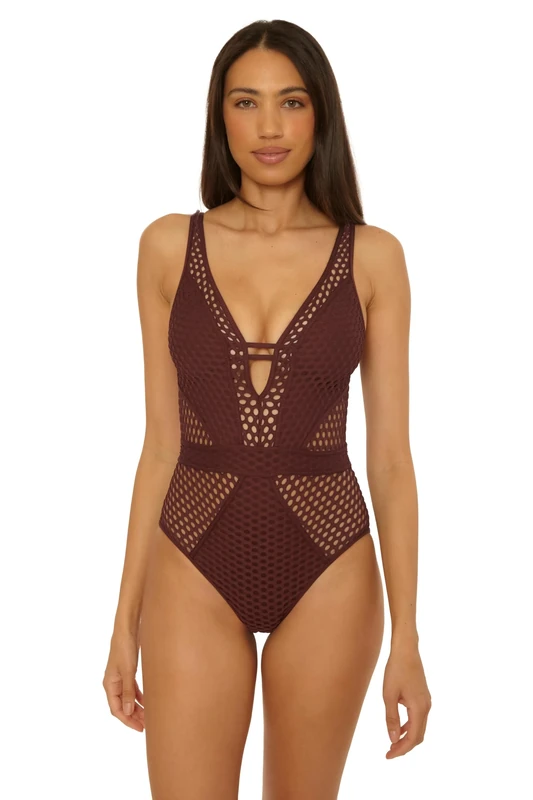 Becca Color Play One Piece Swimsuit, Plunge Neck, Crochet, Bathing Suits for Women, Brown, Medium