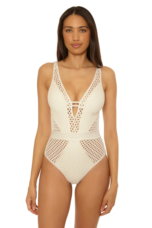 BECCA Color Play One Piece Swimsuit, Plunge Neck, Crochet, Bathing Suits for Women, Ecru (A), Large