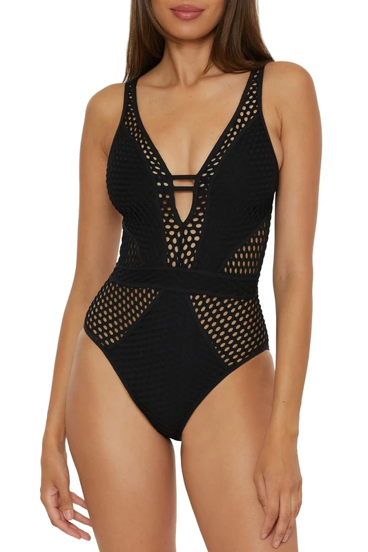 BECCA Women's Color Play One Piece Swimsuit, Plunge Neck, Crochet, Bathing Suits, Black, Medium