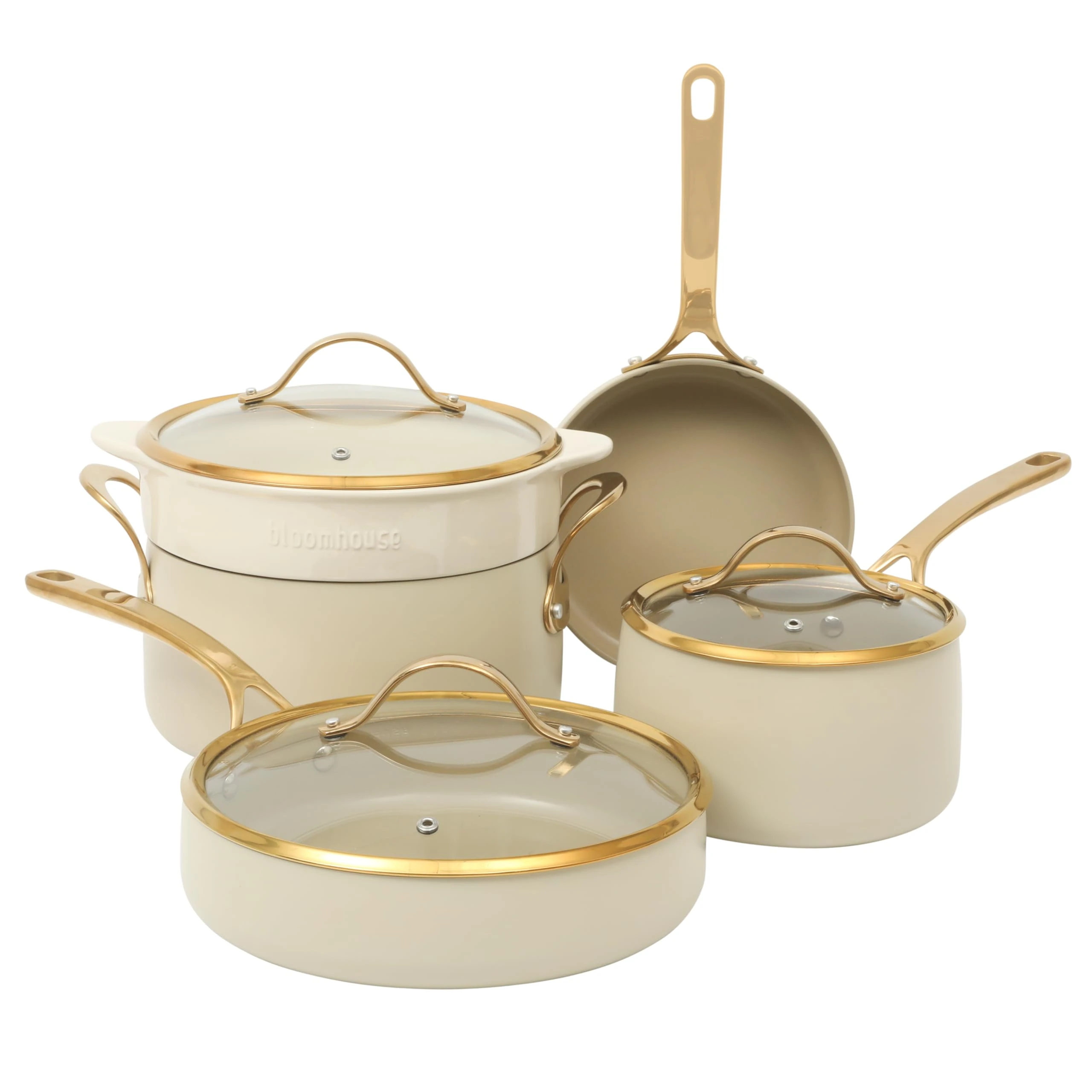Bloomhouse - Oprah's Favorite Things - 8 Piece Pots and Pans Heavy Duty Aluminum Premium PFA Free Ceramic Nonstick Cookware Set - Almond Cream w/Gold Handle