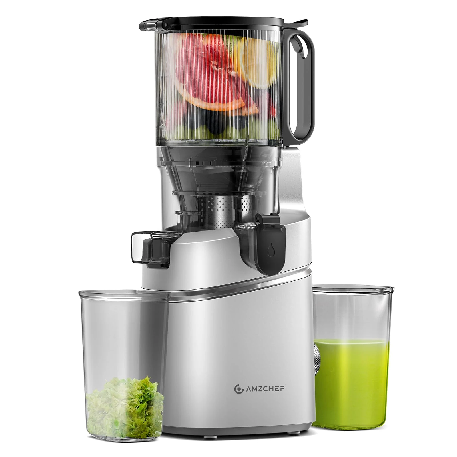 AMZCHEF Automatic Cold Press Juicer Machines 250W Liberate Your Hands -145MM Opening and 2L Capacity Slow Juicers for Whole Fruit and Vegetable, with Triple Filter, Safety Lock, Galaxy Silver