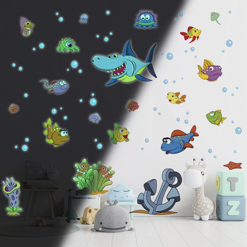 Ambiance Sticker Glow in The Dark Children's Ceiling Wall Sticker Fluorescent Marine Fish and Shark – H65 x L40 cm