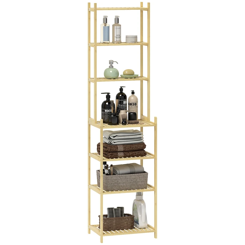 HOMCOM 7 Tier Bathroom Shelf Bamboo Shelf Storage Shelf for Kitchen, Bathroom, Living Room, 44 x 33 x 180 cm, Natural Wood