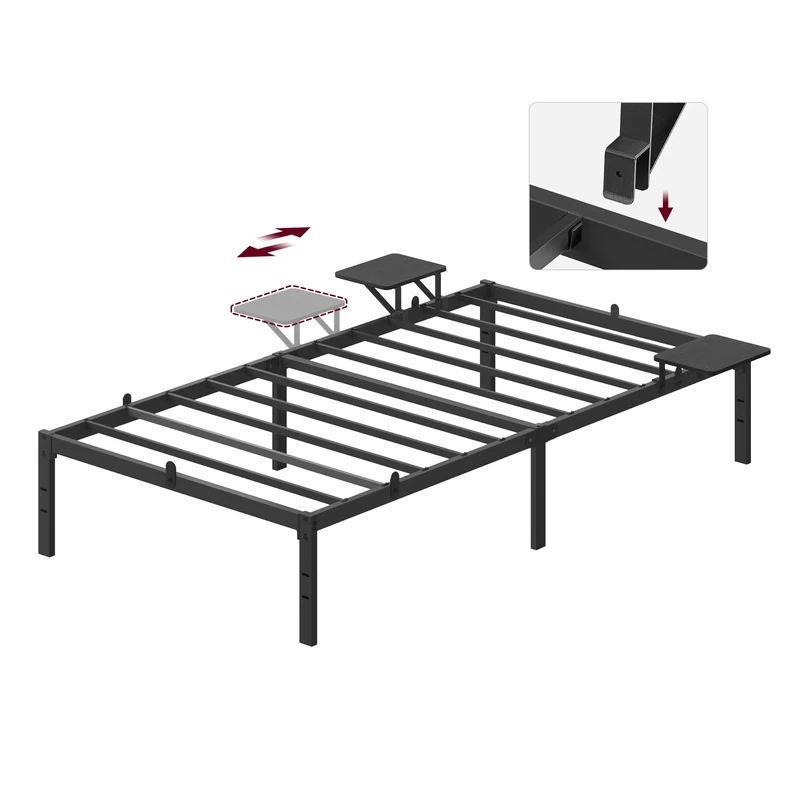 VASAGLE Double Bed Frame Metal Bed Frame with Storage Shelves Guest Bed Fits 90 x 200 cm Mattress Easy Assembly Ink Black RMB092B01