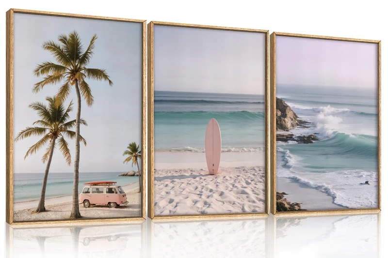 HPINUB Beach Seascape Framed Canvas Wall Art Set,Palm Tree Surfboard Nature Wall Decor,Modern Coastal Landscape Artwork Relax Summer Ocean Art Print for Living Room,Bedroom,Bathroom Decor-24 x36 x3