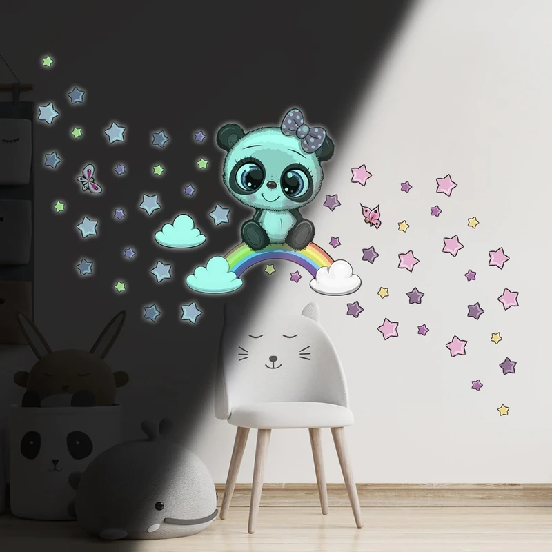 Ambiance Sticker Glow in The Dark Children's Ceiling Wall Sticker Fluorescent Panda on Rainbow – H55 x L50 cm - Image 1