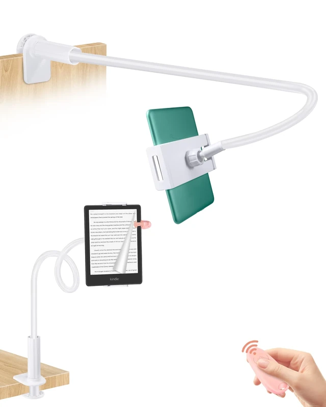 QIWAS Gooseneck Tablet Holder for Kindle Reading in Bed with Remote Page Turner, Lazy Arm for Kindle Accessories Paperwhite Colorsoft Oasis Scribe, Ereader Accessory with Clicker Page Turner (Pink)