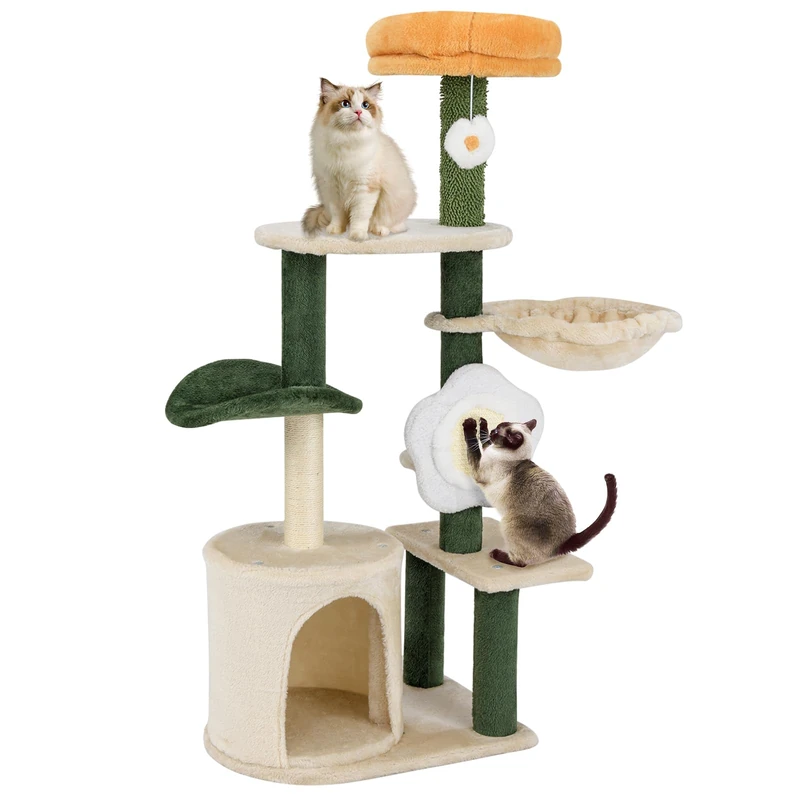GYMAX Cat Tree, Kitty Tower with Cozy Condo, Scratching Posts & Sisal Board, Plush Top Perches, Hammock and Dangling Ball, Multi-level Pet Play Center Tree for Indoor Cats