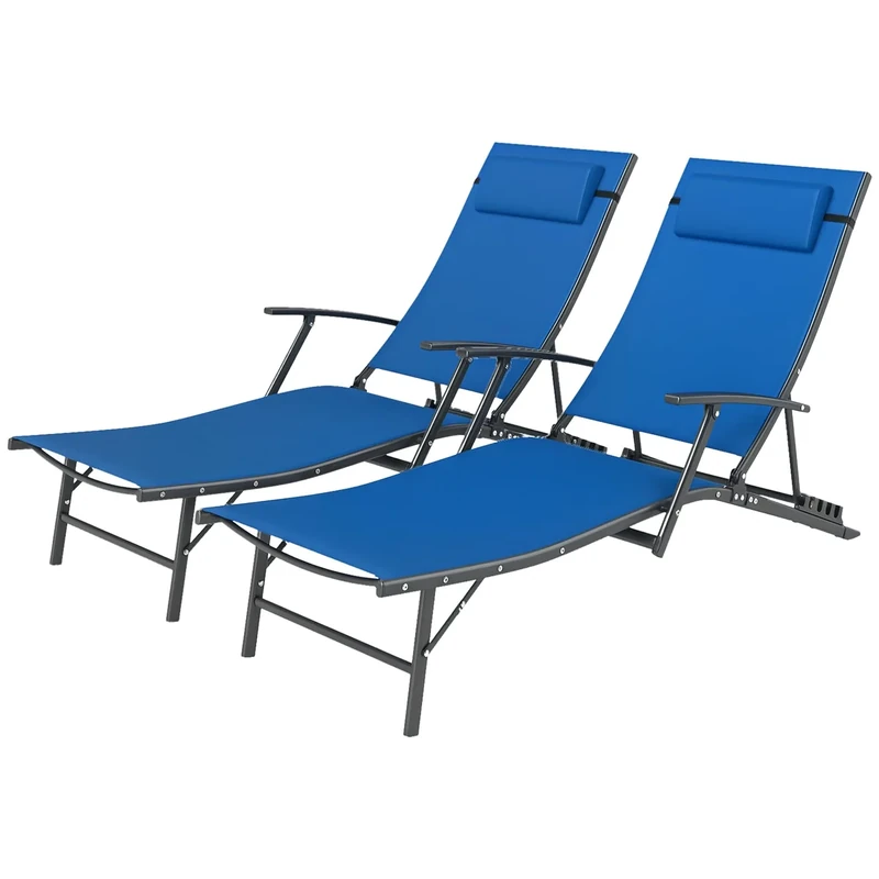 Outsunny Set of 2 Folding Sun Loungers for Garden, 4 Positions Adjustable Outdoor Chaise Lounge Chairs with Armrests, Pillows, Steel Frame, Sunbed Recliners for Patio, Beach and Poolside, Blue