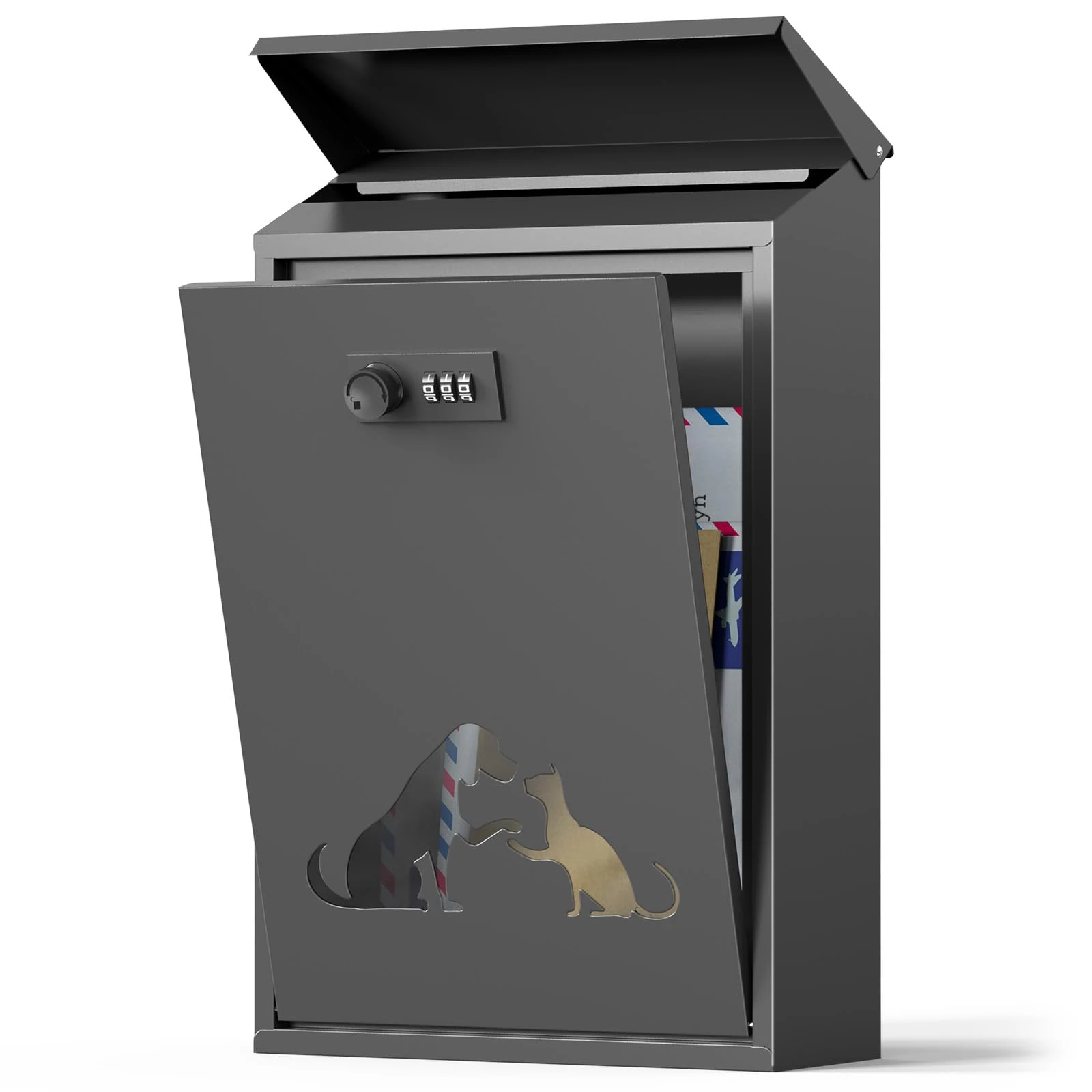 Post Boxes Wall Mounted Waterproof, Steel Mail Box Modern Delivery Letter Box for Outside with Combination Lock, Rain Cover, Viewing Windows, Lockable Large Letterbox, Black 40x25x10cm