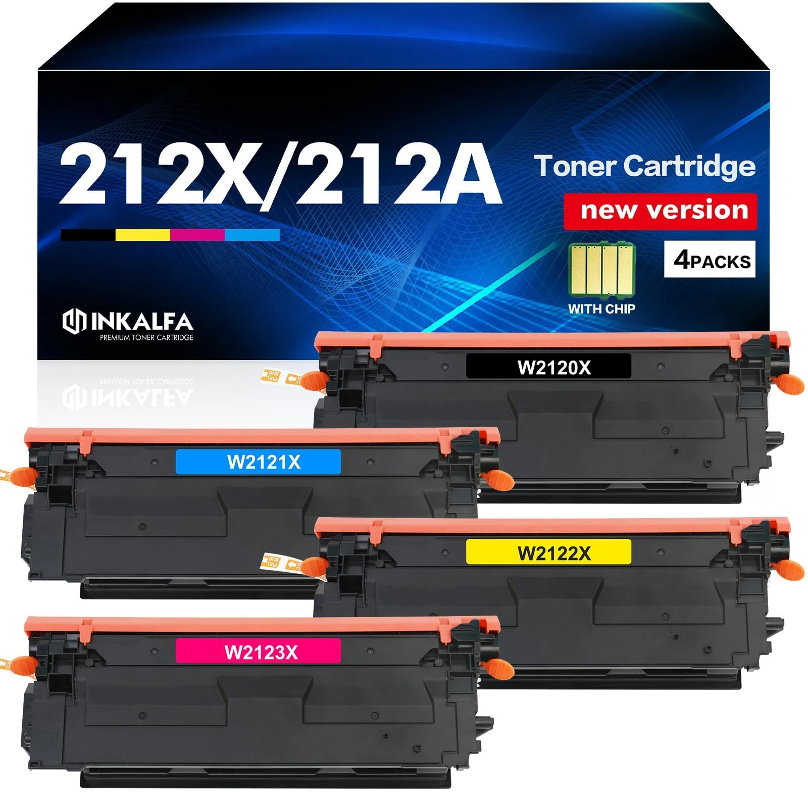 212X 212A Toner Cartridges 4 Pack (with Chip) Compatible for HP 212X 212A W2120A W2120X Toner for HP Color Enterprise M555dn M554dn M555x M554 M555 MFP M578 Series Printer (New Version-BK/C/Y/M)