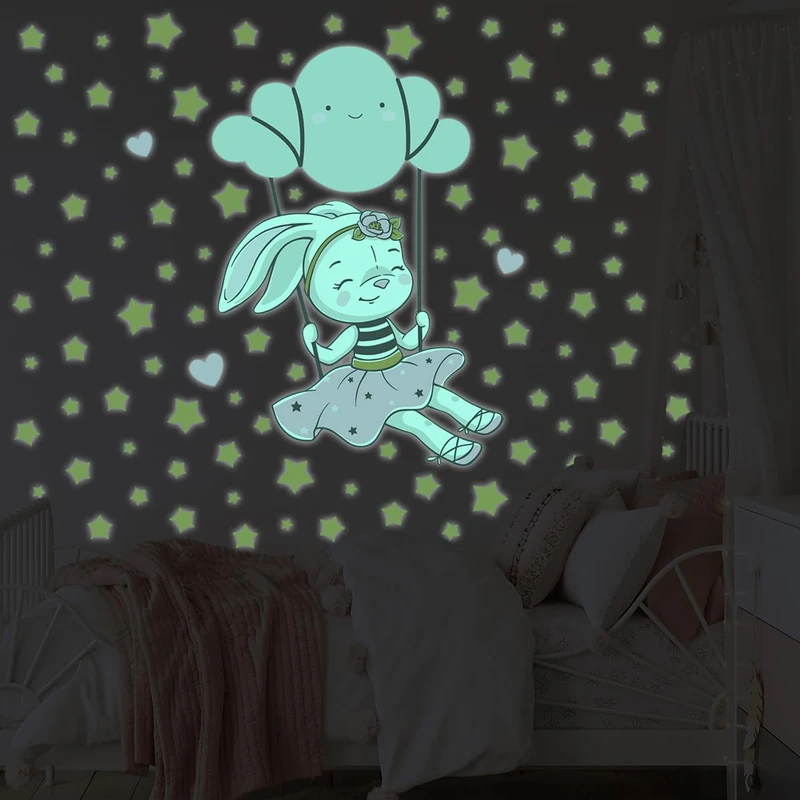 Ambiance Sticker Glow in The Dark Children's Ceiling Wall Sticker Fluorescent Rabbit on The Cloud Swing – H60 x L40 cm
