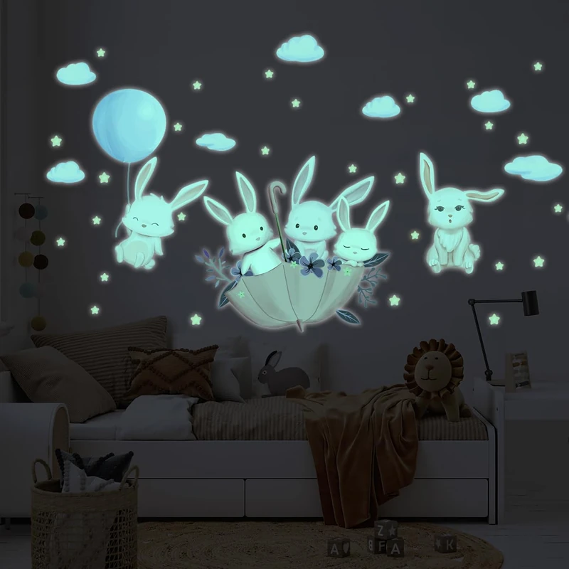 Ambiance Sticker Glow in The Dark Children's Ceiling Wall Sticker Fluorescent Rabbits in The Sky – H40 x L25 cm - Image 1