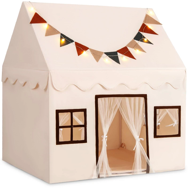 GYMAX Large Kids Tent, Children Playhouse with Padded Mat, Flags, Globe String Lights, Mesh Door Curtains & 3 Windows, Outdoor Indoor Play Tent for 3-14 Years Old, 122x107x139cm