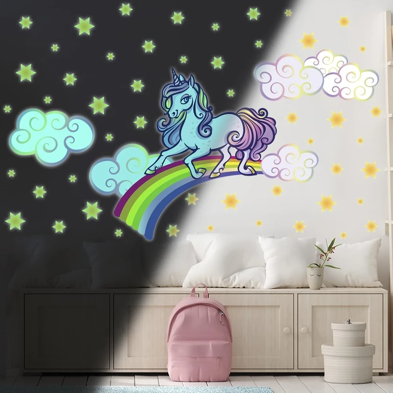 Ambiance Sticker Glow in The Dark Children's Ceiling Wall Sticker Fluorescent Unicorn on Rainbow – H70 x L95 cm