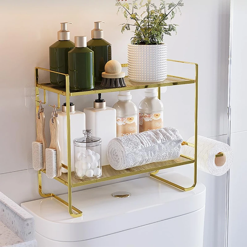 Bathroom Shelves, Toilet Shelf Over the Toilet, Metal Toilet Shelf with 2 Hooks, 2 Levels, Bathroom Organiser, Bathroom Furniture for the Wall, Space-Saving, Modern (Gold) (45 x 16 x 36 cm)