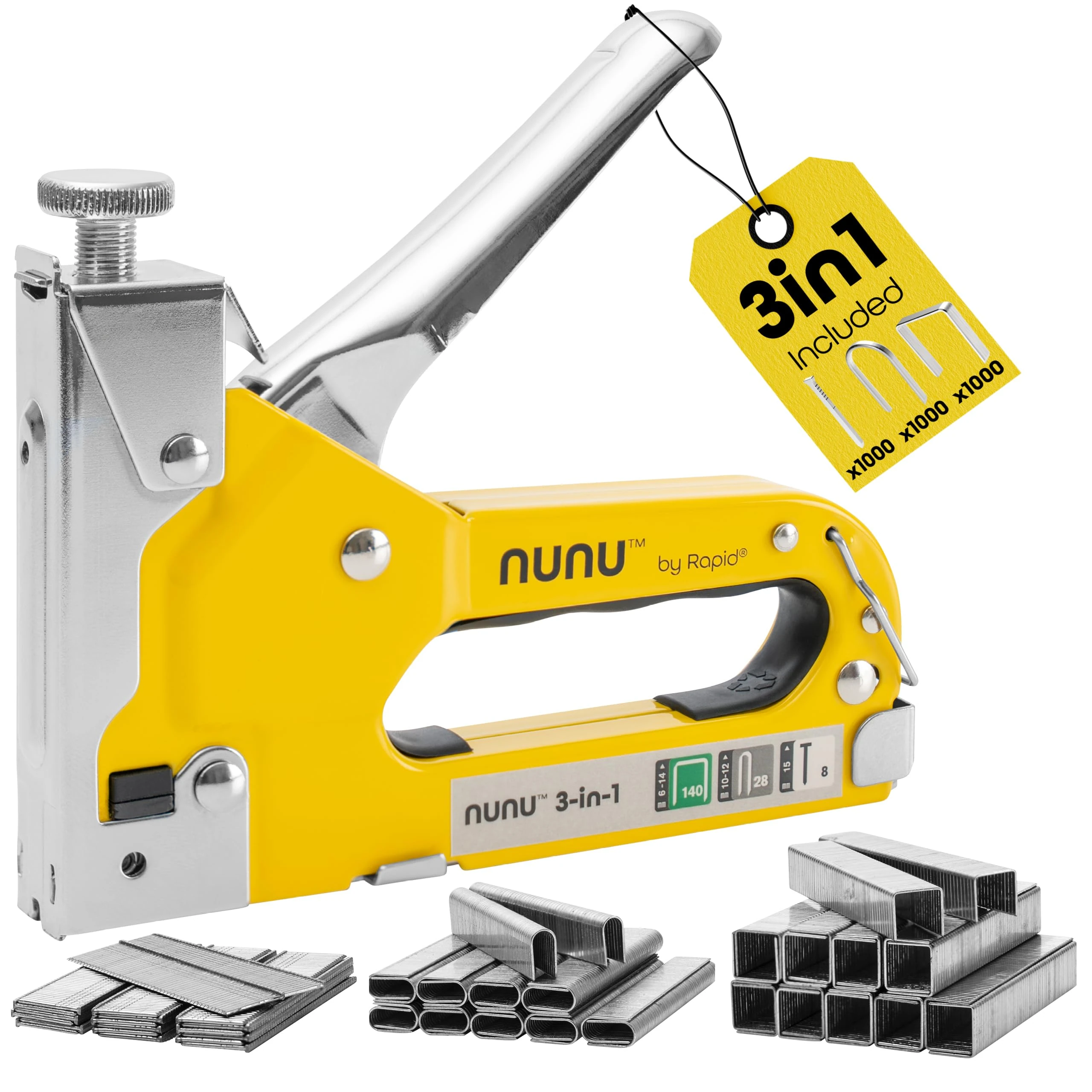 Rapid NUNU Staple Gun 3-in-1 Heavy Duty Staple Gun for Wood, Wall Stapler, DIY Upholstery Staple Gun, Carpet Stapler Cable Stapler Adjustable Power and Ergonomic Design, Includes 3,000 Staples & Brads