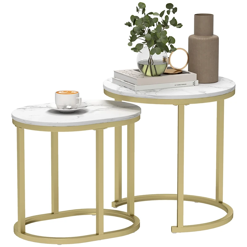 HOMCOM Modern Coffee Table Set of 2, Nest of Tables with Steel Frame and Faux Marble Tabletop, Side Tables for Living Room Bedroom, Gold Tone and White