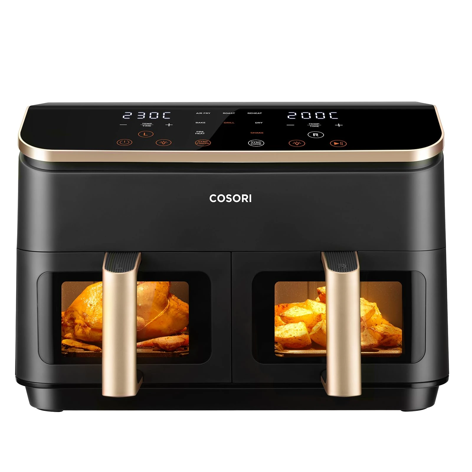 COSORI Dual Air Fryer, 8.5L Family Capacity, 8-In-1, Sync Cook & Finish, 2 Non-Stick Drawers with Visible Window, Energy Saving, 50+ Online Recipes, Dishwasher Safe, 35℃ to 230℃, Gold