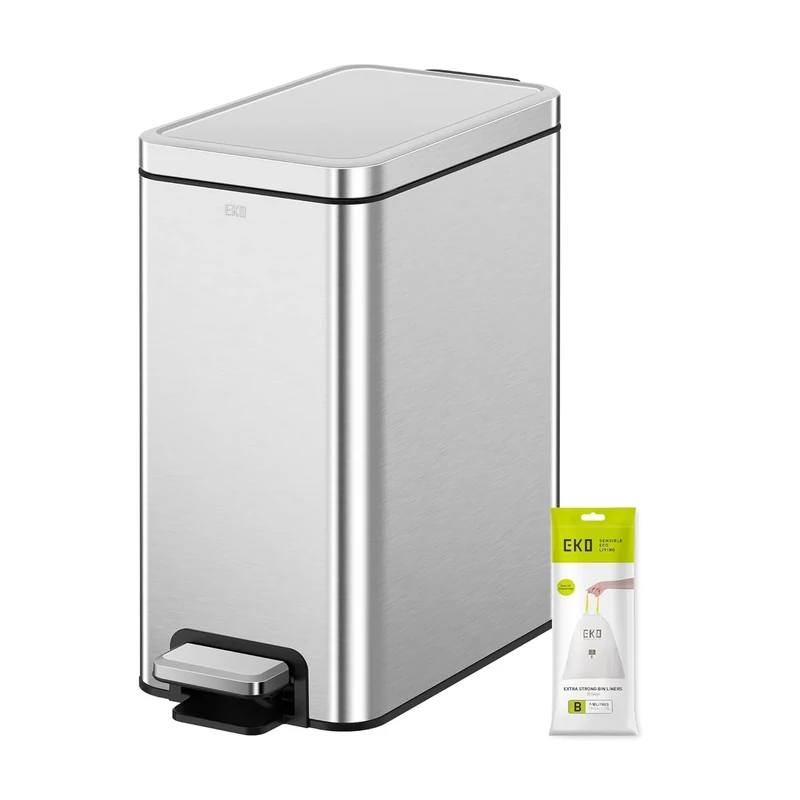 EKO 10-Litre Stella Slim Step Bin, Fingerprint-Resistant Stainless Steel Pedal Rubbish Bin with Removable Inner Liner (Silver)