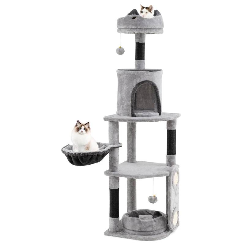 GYMAX Cat Tree, 144cm Tall Cat Tower with Condo, Scratching Posts & Sisal Board, Plush Perches, Hammock and Hanging Toys, Multi-level Kitty Play Center Tree