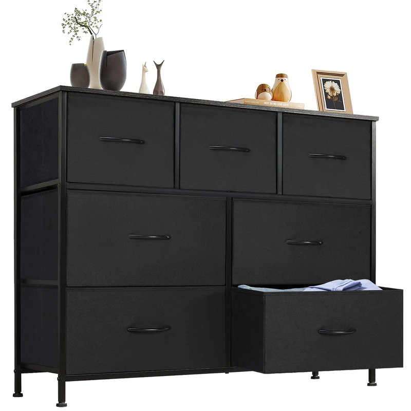 DUMOS Chest of Drawers for Bedroom with Fabric Drawers, High Organiser for Clothes, Cupboard, Children's Room, Storage Tower with Cupboard, Metal Frame, Wooden Top, Lightweight - Image 1
