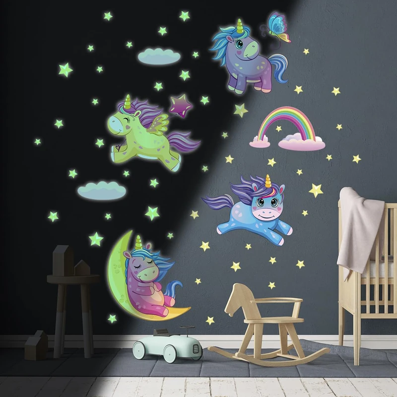Ambiance Sticker Glow in The Dark Children's Ceiling Wall Sticker Fluorescent Unicorns in The Stars – H95 x L60 cm
