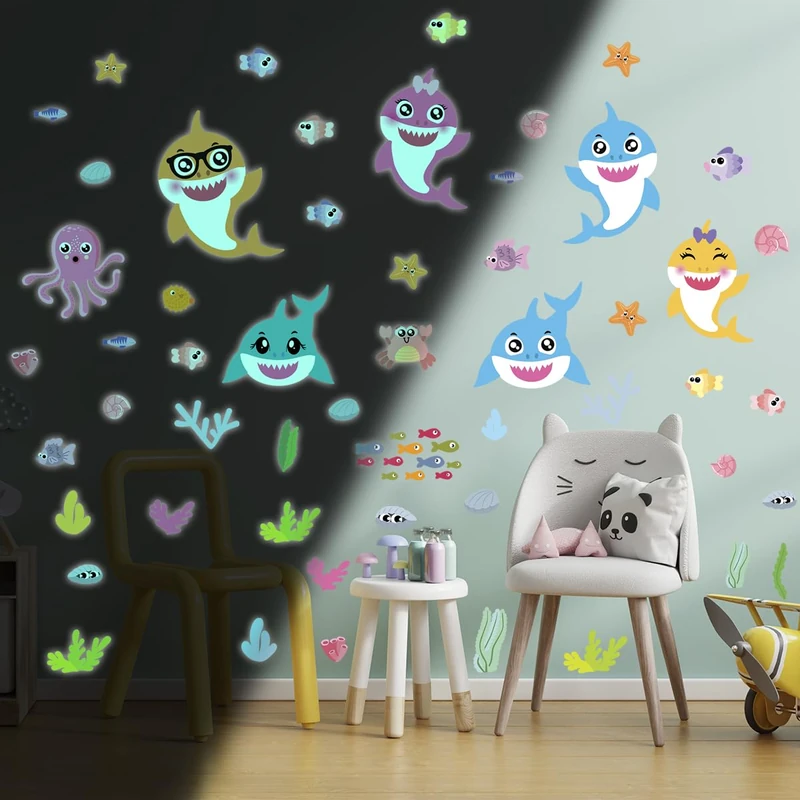Ambiance Sticker Glow in The Dark Children's Ceiling Wall Sticker Fluorescent Marine Animals – H80 x W60 cm