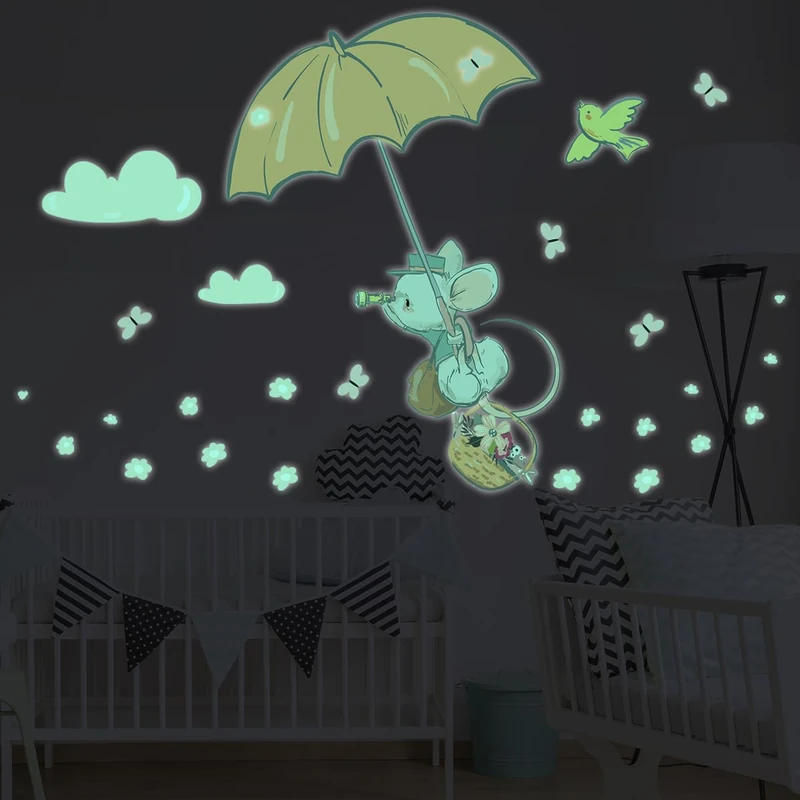 Ambiance Sticker Glow in The Dark Children's Ceiling Wall Sticker Fluorescent Umbrella Mouse – H130 x L80 cm