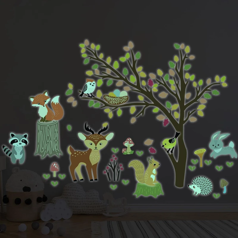 Ambiance Sticker Glow in The Dark Children's Ceiling Wall Sticker Fluorescent Animals in Autumn Forest – H50 x W65 cm