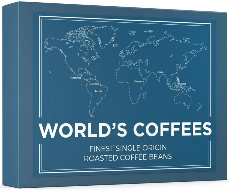 Gourmet Coffee Beans Gift Set - WORLD'S COFFEES | Whole Roasted Coffee Beans 420g (6 x 70g) - 6 Finest Single Origin | Hamper Style Gift Idea for Him & Her