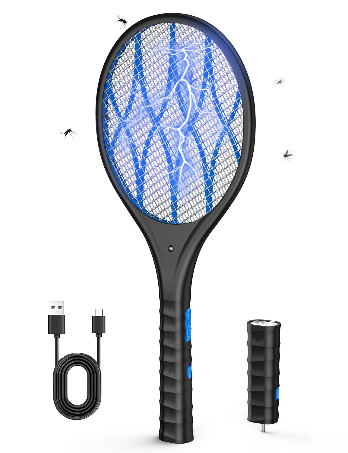 AROEVE Fly Zapper, 4000V Fly Swatter Electric, USB Charge, LED Light, Detachable Flashlight, 3 Layer Mesh Protection, Double Switch, Home, Garden, Black